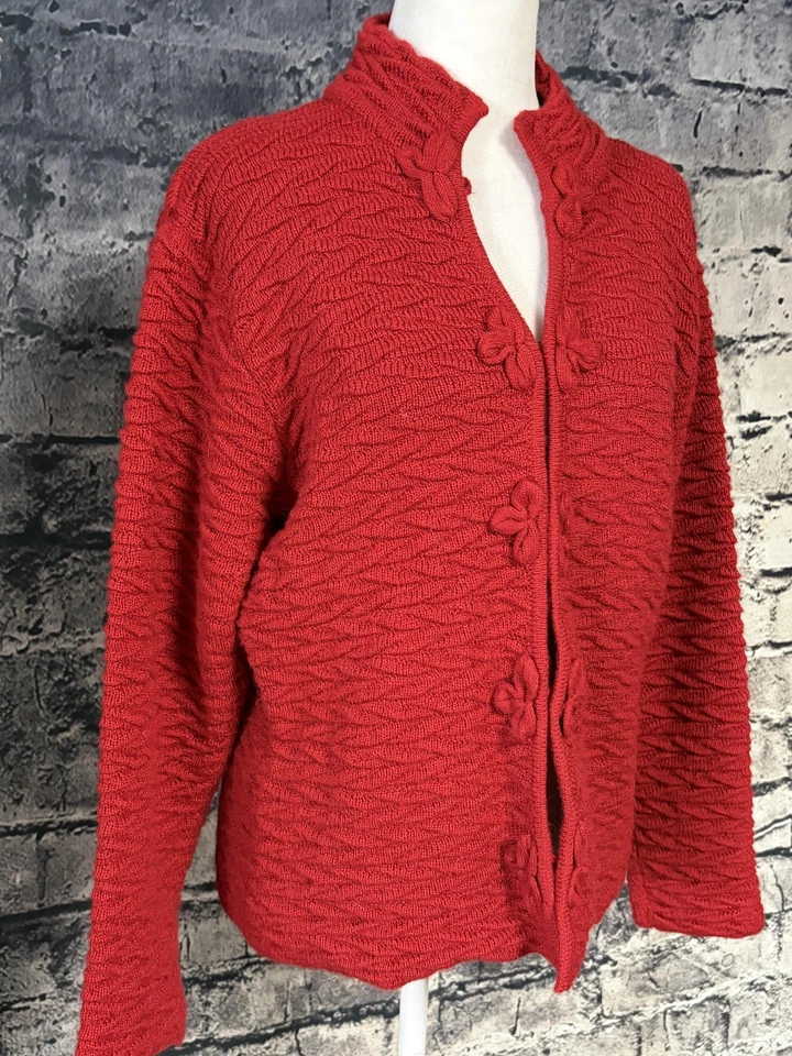 Suéter Norm Thompson Mujer Grande Rojo 100% Alpaca Cárdigan Cierre Rana Tejido Foto 2 de 4