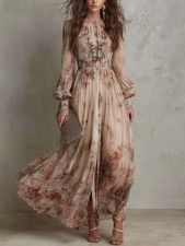 Retro Chiffon Printed Crew-Neck Long-Sleeve Pleated Waist Floral Dress++-##