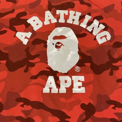 A BATHING APE カモ柄 フットボールシャツ 88 レッド BAPE A Bathing Ape Red Camouflage Ape Head T-Shirt Mens Medium