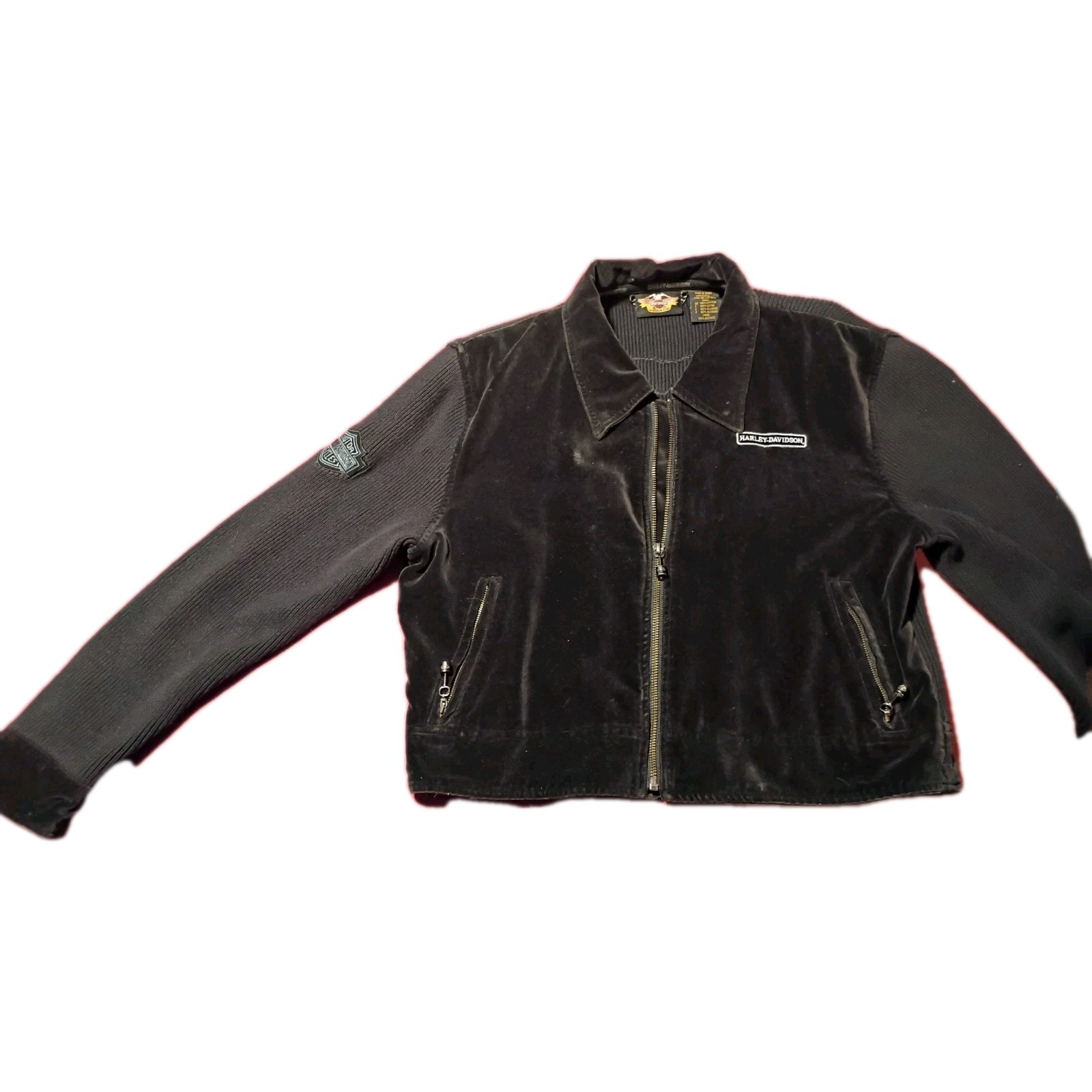 Harley Davidson Jacket Sweater Velvet Front  Black Full Zip Knit Womans Lg,Large