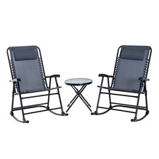 3-Piece Outdoor Steel Patio Rocking Chair Set Folding Glass Table Gray