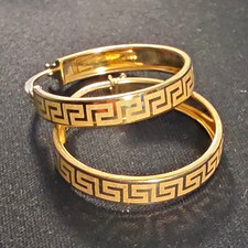 Gold Tone Engraved Greek Key Round Hoop Earrings,gold 14k Latch Back, No Stone