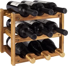 Wine Rack 9 Bottle 3-Tier Wood Wine Storage Easy-Assembly Space-Saving for Wine