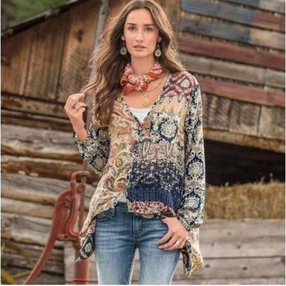Artisan de Luxe Oversized Patchwork Paisley Boho Western Button Down Top Small