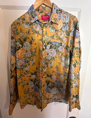 Supreme Floral Long Sleeve Button Up Shirt Mustard Yellow Blue Men’s Medium - product listing photo
