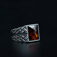 Engraved 925 Sterling Silver Red Garnet Gemstone Handmade Men's Ring