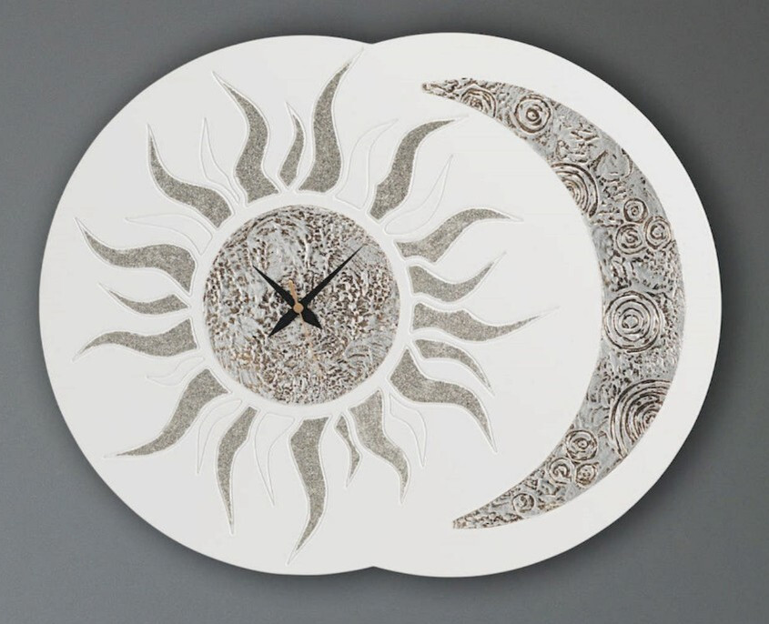 Modern White Lacquered Wall Clock Hand Decorated Sun Moon De