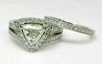 ArtDeco 2.10Ct Trillion Cut Diamond Vintage Wedding Ring Set 925 Sterling Silver