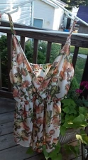 Womans Size Small Tropical Orange Green Ivory Lined Semi Sheer Romper Adj Straps