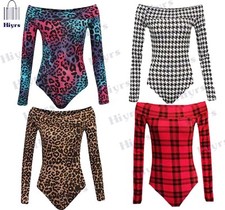 Womens Ladies Printed Off Shoulder Bardot Top Bodysuit Leotard lot Size 8-20 new