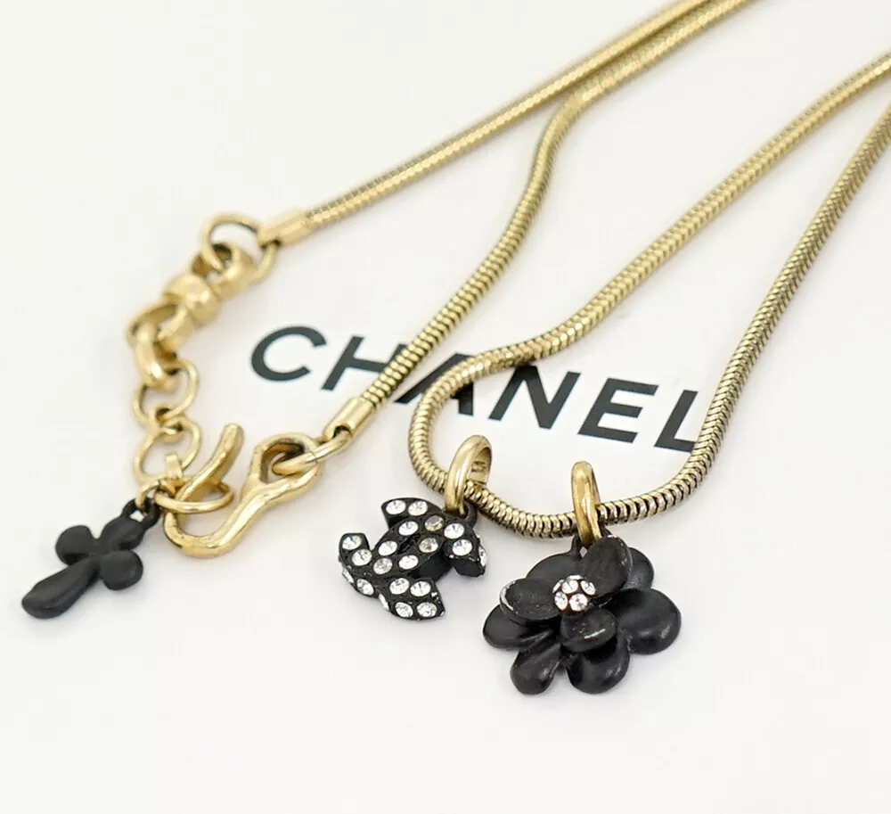 CHANEL CC Logo Black Camellia Necklace 18" Auth 02A w/Box