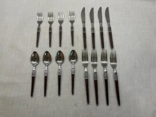 EKCO Eterna La Joya Silverware Stainless 16 Piece Set Wood Handles Vtg Flatware