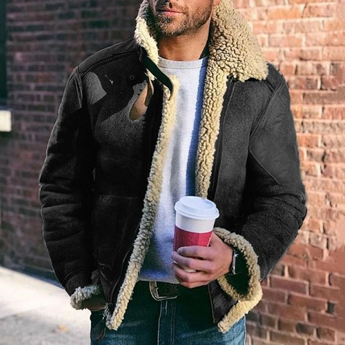 Chaqueta Para Hombre Cálida Cuello de Piel Sintética Forrada de Vellón Abrigo Informal Invierno Abrigo Grueso - Imagen 4 de 16