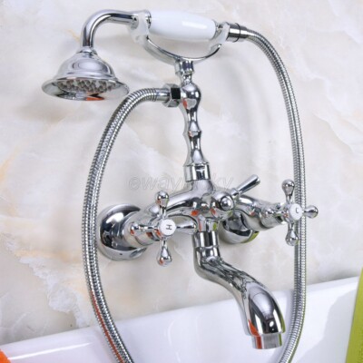 Chrome Brass Wall Mount Bathroom Clawfoot Tub Faucet with Hand Shoewr Spray