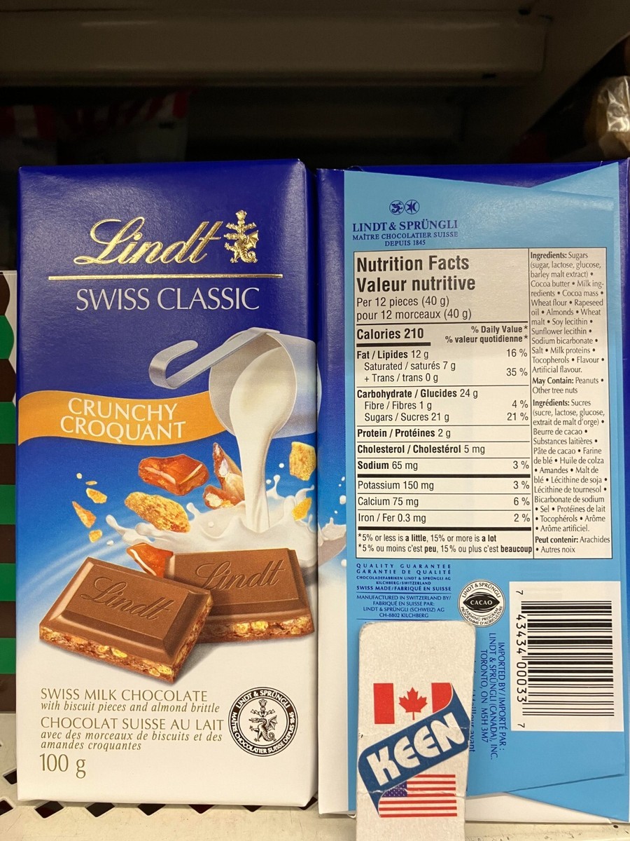 Lindt SWISS CLASSIC Crunchy Milk Chocolate Bar, 100 G, Exp:2026JL