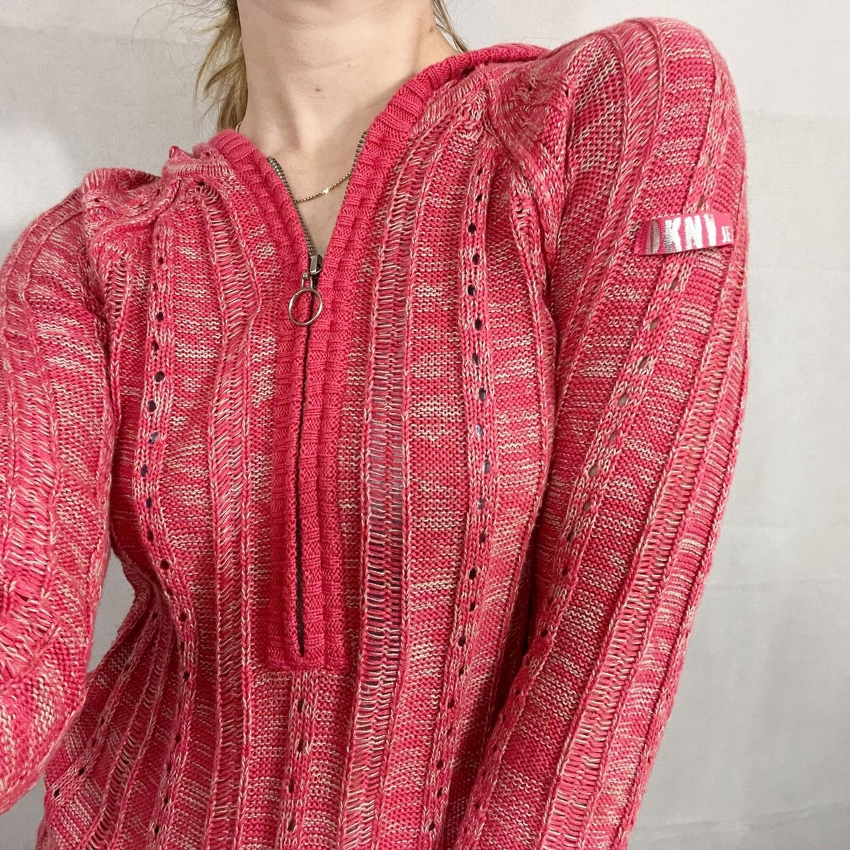 DKNY Jeans Y2K Early 200s Coral Knit Sweater Top Tie Waist Size Medium