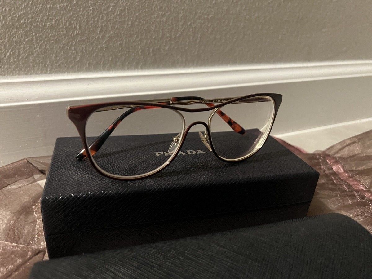 Prada Thin Metal Square Eyeglasses in Burgundy and Gold Prada PR A02V Eyeglasses 16P1O1 Red - eye-oo.com main image 4