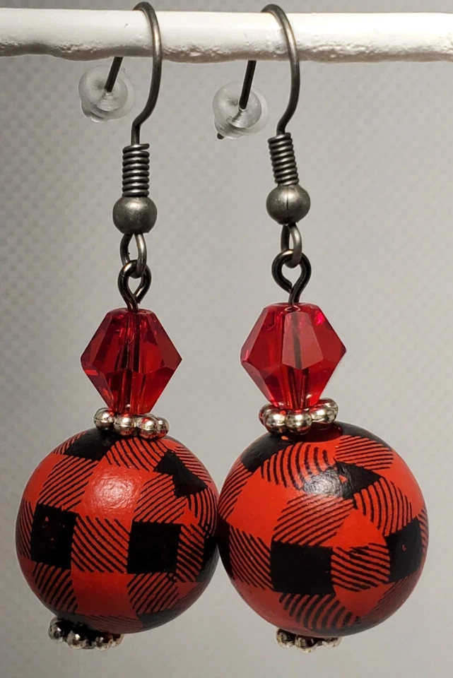 Red Swarovski Crystal Buffalo Plaid Christmas Earrings * Merry Christmas... - Image 2 of 4