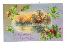 1908 Christmas Postcard Holly Around Winter Scene Posted