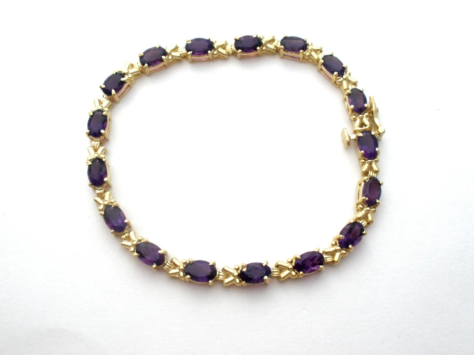 Теннисный браслет с аметистом желтое золото 14 карат 8,5 карата фиолетовые драгоценные камни 7 дюймов винтажный 8,2 г - Изображение 3 из 4