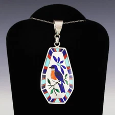 NATIVE AMERICAN ZUNI INLAY EASTERN BLUE BIRD PENDANT BY QUINTIN QUAM