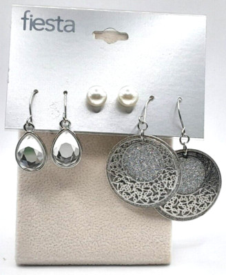FIESTA Silver Tone Pack of 3 New Dangle/Drop & Stud Pierced Earrings On Card