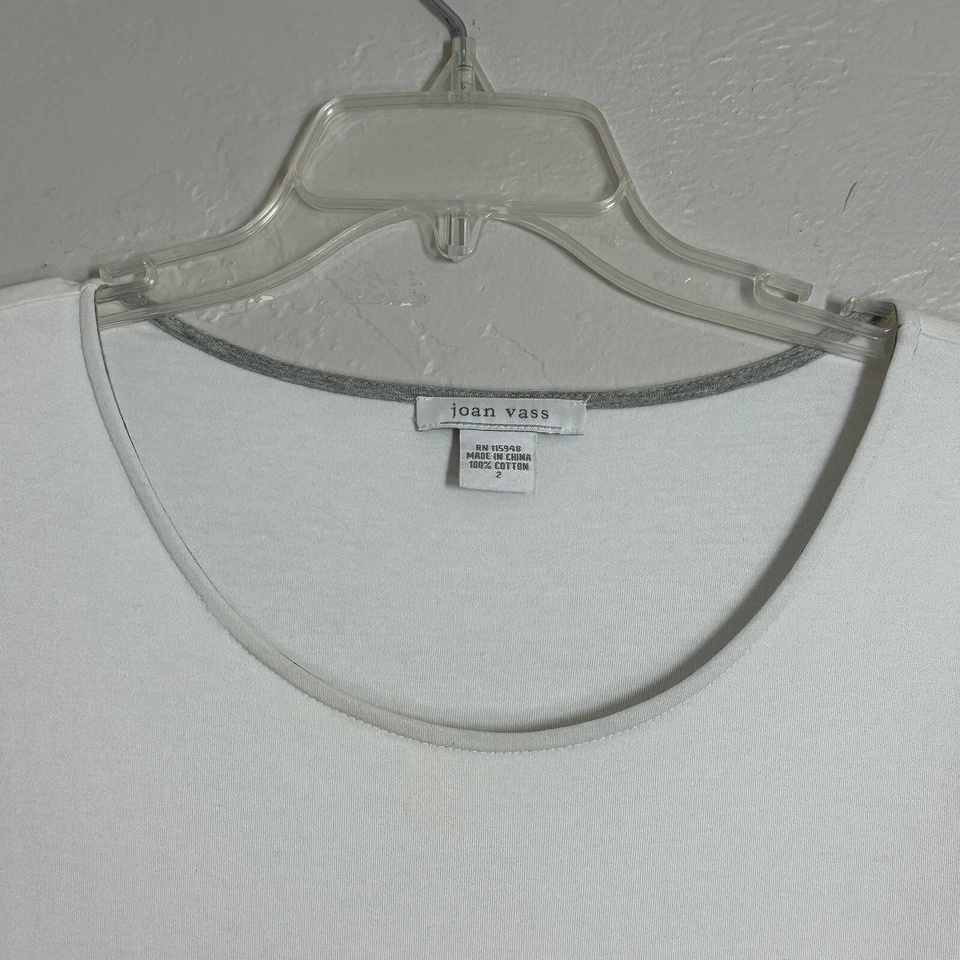 Vestido Joan Vass 2 Algodón Blanco Gris Cremallera Bolsillo Pullover Imitación Envoltura Manga 3/4 Foto 3 de 4