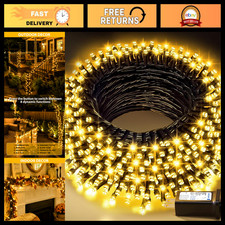 100FT Warm White LED Christmas String Lights, Waterproof Outdoor Decor, Green Wi