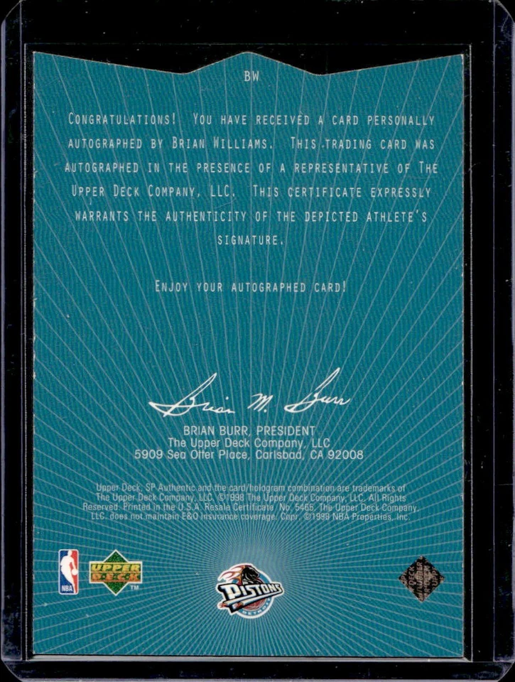 Brian Williams 1997 SP Authentic #BW Sign of the Times Auto "Bison Dele - Image 2 of 2