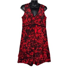 Vera Wang Women's 10 Red Black Floral Sleeveless Tiered Ruffle Hem A-line Dress
