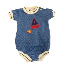 Vintage Health-tex Baby Romper 6 Months Blue Knit Sailboat Made in USA 70s 80s