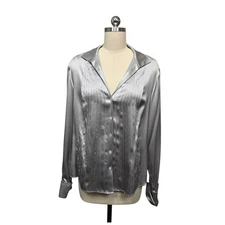 Lafayette 148 New York Silk Pleated Button Down Shirt Silver Size 14
