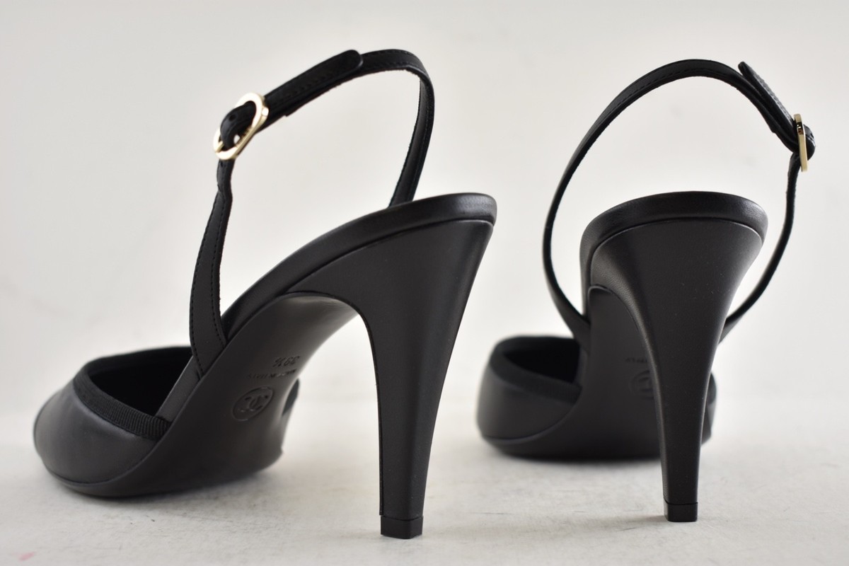 Chanel 26P Black White CC Logo Cap Pointed Toe Slingback Mule Heel