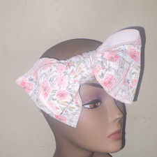 Floral Fabric Headband w/ Large Bow Accent, Pink White Gray, Casual, All Hair