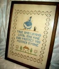 1920s Linen Cross Stitch Sampler Motto Mother Handmade Period Wood Frame