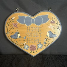 Vtg Hand Painted Wooden Heart “Home Sweet Home” Sign  Birds Floral 90’s Cottage