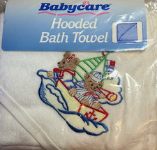 Vtg Baby Care Hooded Bath Towel Sailboat Bears Nautical Cotton Blend 30x30 New