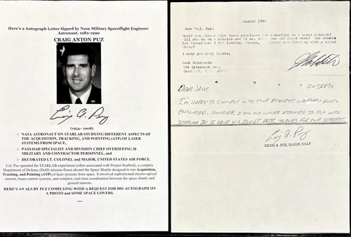 NASA ASTRONAUT SPACE SHUTTLE ENGINEER STARLAB EXPERIMENT MAJOR PUZ LETTER SIGNED