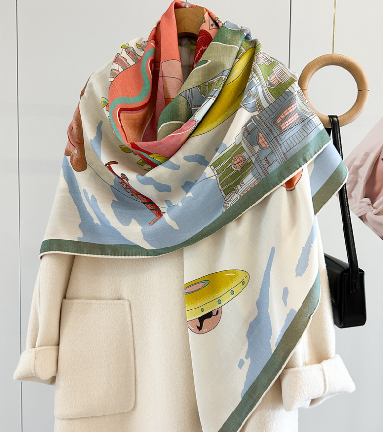 70% Cashmere 30% Silk Wrap Scarf horse Print Double Face Print Shawl 135X135cm