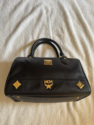 #ad MCM Women’s Black Solid Satchel Top Handle Zip Bag Logo Studs Gold Hardware $399.00