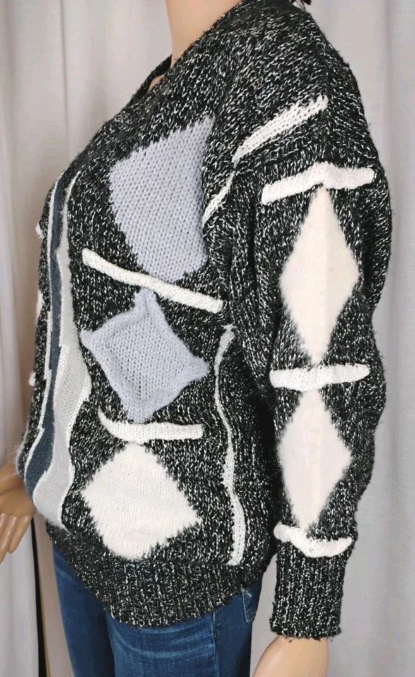 Suéter Geométrico Abuela Vintage Años 80 Para Mujer Mediano Elegante Bella Negro Blanco Foto 3 de 4