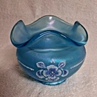 VINTAGE FENTON CELESTE BLUE ROSE BOWL W/RUFFLED EDGE SIGNED (90th ANNIVERSARY)