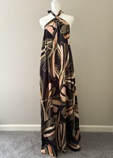 Elan Halter Black Pink Green Yellow Abstract Print Silky Maxi Dress Large NWT