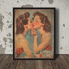 Arte de pared vintage de autocuidado, decoración retro de baño de beso de niña, póster de amor bienestar