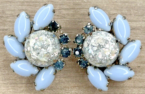 D&E Juliana Baby Blue Milk Glass Navettes Easter Egg Cabochon Clip Earrings RARE