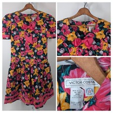 Victor Costa Vintage 80s Floral Bowtie Vibrant Gown Dress USA New Wave