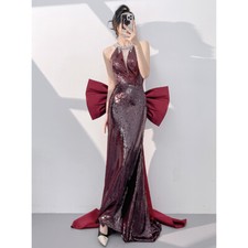 Women Fish Tail Evening Gown Bride Wedding Toast Dress Hanging Neck Sequin Dress
