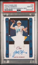 2022  JUSTIN HERBERT on card AUTO 7/7  PSA 10 Lone Star Patch Autograph RED