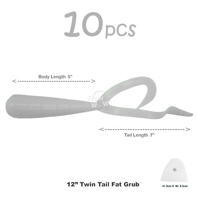 10pcs White 12'' (with tail extended) Twin Tail Perch Grub Fat Thick Scampi Baits
