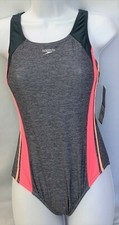 SPEEDO Girls infinity splice gray with coral sides racerback 1pc Swimsuit,8,16